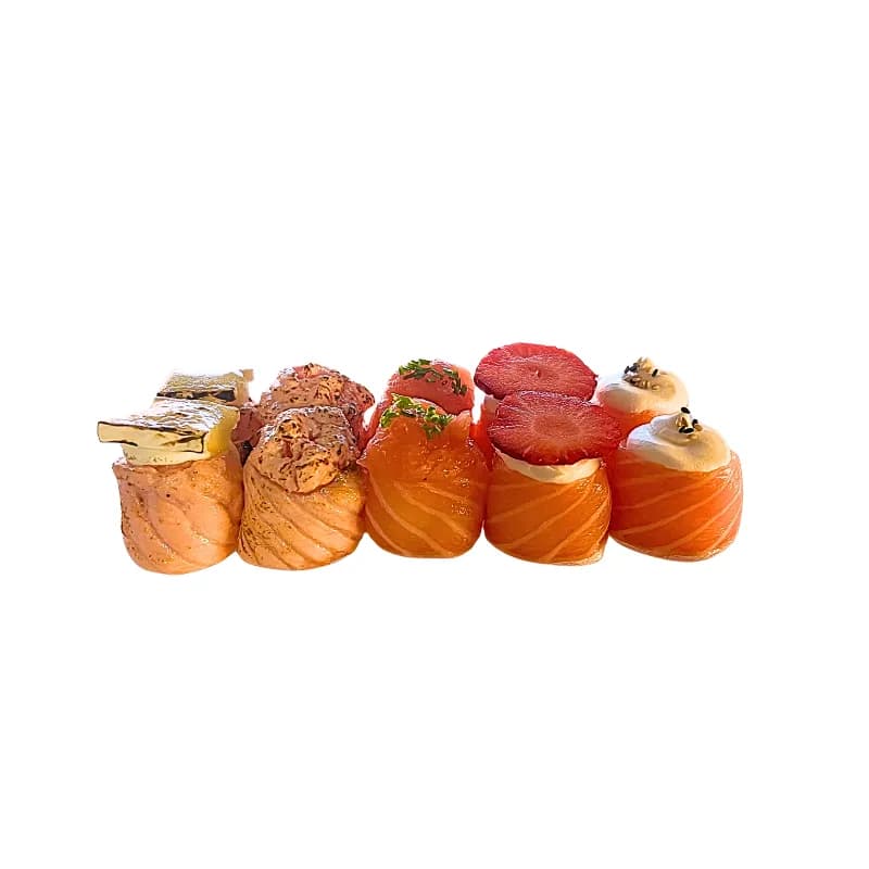 Gunkan Mix 10 Peças - 2- Salmão, 2- Salmão Braseado, 2- Salmão Morango, 2- Salmão Phila, 2- Salmão queijo brie