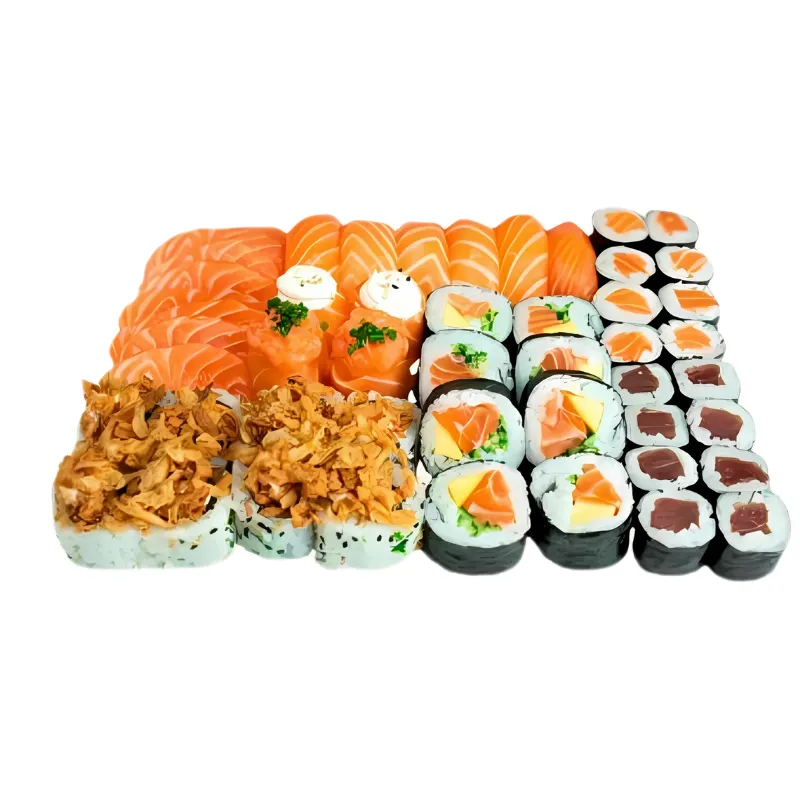 World 50 Peças - 8- Sashimi Salmão, 8- Futomaki Califórnia, 8- uramaki salmão crispy, 8- Hossomaki de salmão, 8- Hossomaki de atum, 6- Nigiri de salmão, 4- Gunkan de Salmão
