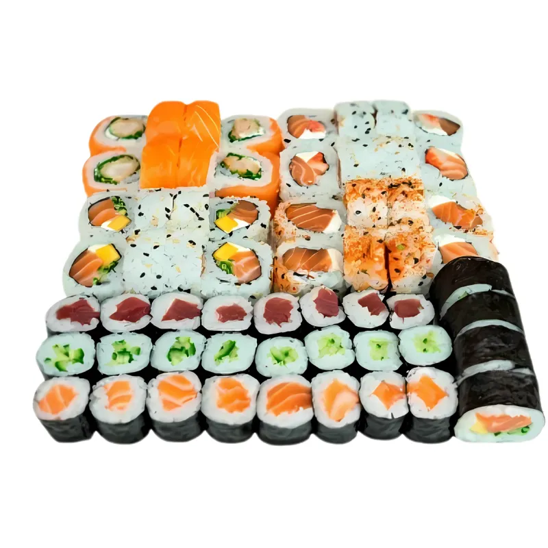 Tropical 60 Peças - 8- uramaki california tradicional, 8- uramaki phila morango, 8- uramaki salmão picante, 8- uramaki ebi especial salmão, 8- hossomaki de salmão, 8- hossomaki de pepino, 8- hossomaki delícias, 4- futomaki california