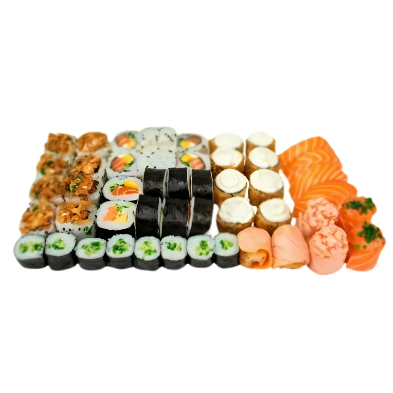 World Mix 50 Peças - 8- Hot roll Phila, 8- Uramaki salmão Crispy, 8- Uramaki califórnia, 8- Hossomaki de pepino, 4- Nigiri Salmão, 4- Gunkan Salmão, 8- Futomaki Califórnia, 2- Ebi fry Salmão braseado