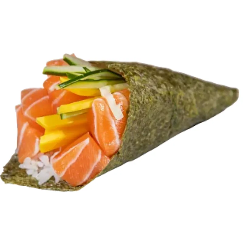 Temaki Califórnia - Peixe cortado em cubos, manga, pepino e enrolado tipo cone