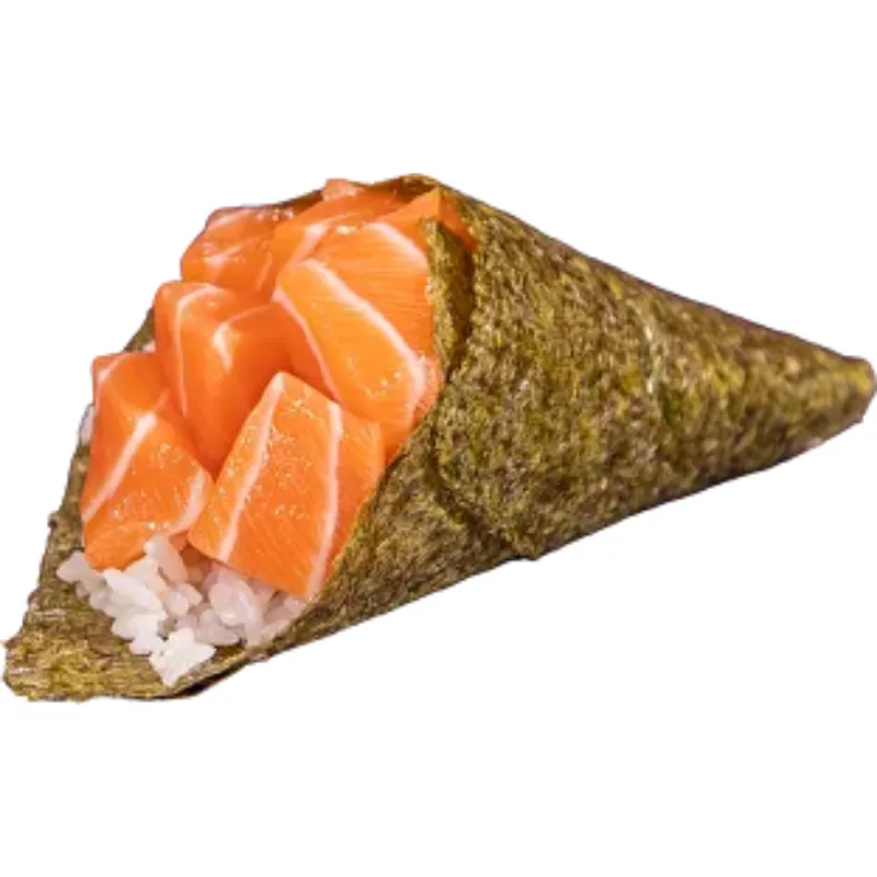 Temaki Salmão - Peixe cortado em cubos e enrolado tipo cone