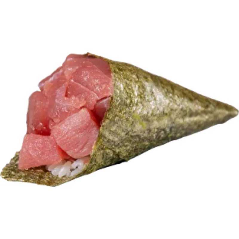 Temaki Atum - Peixe cortado em cubos e enrolado tipo cone