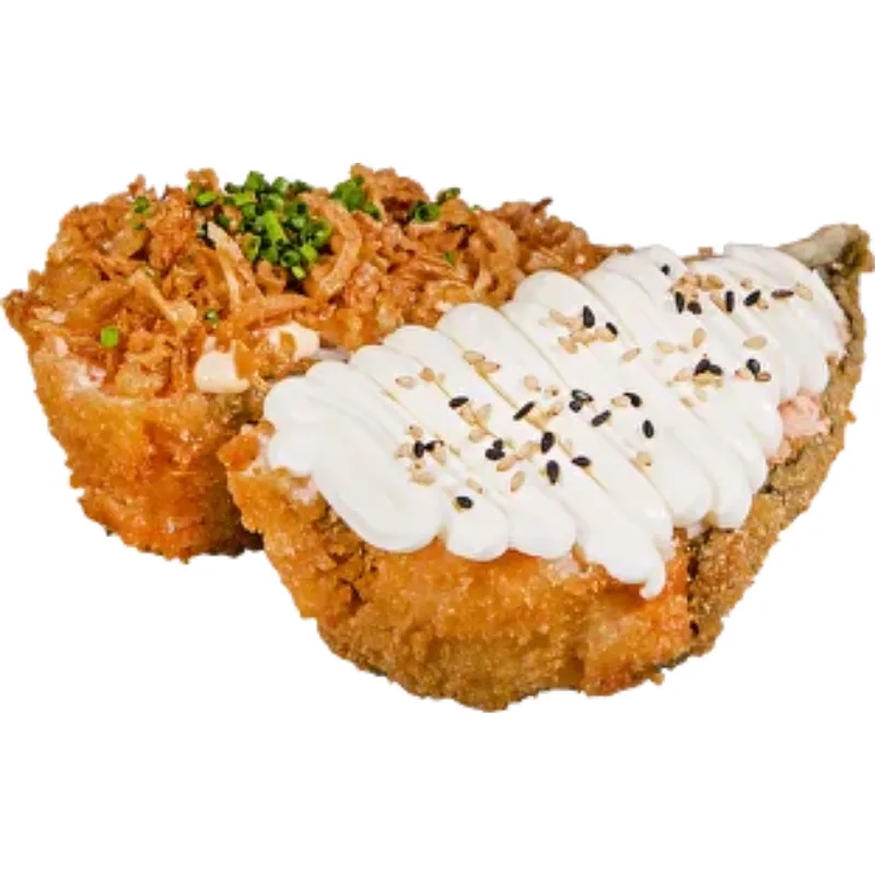 Temaki Hot - Cone de salmão, panado e frito, com queijo creme, maionese japonesa e cebola frita