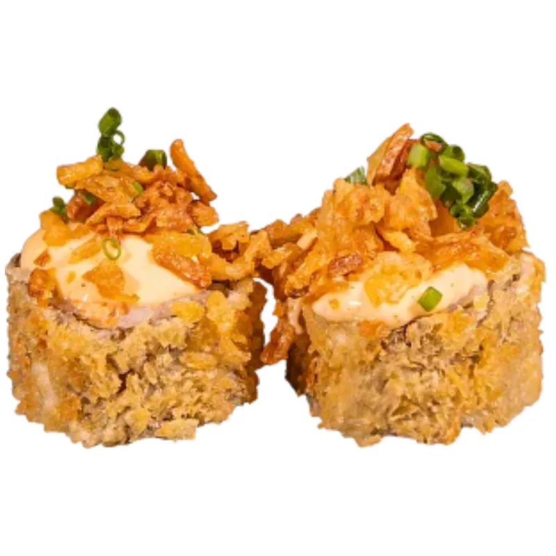 Hot Salmão Crispy 8 Peças - Rolo de sushi, panado e frito com maionese e cebola frita