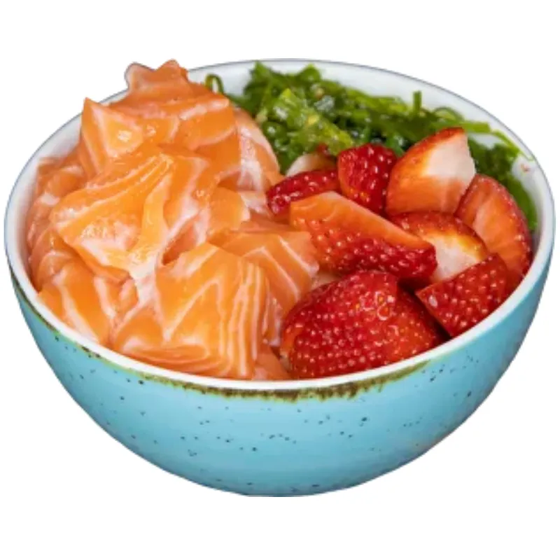 Poke Hawaiano - Arroz de sushi, maionese, salmão, morango e Goma Wakame