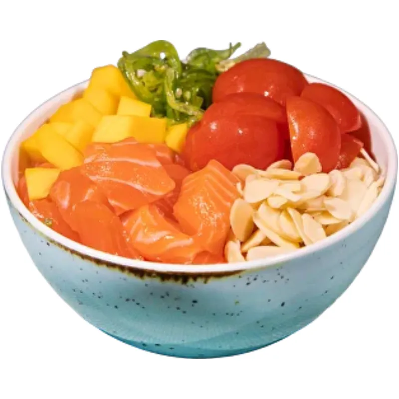 Poke Especial de Salmão - Arroz de sushi, maionese, salmão, manga, goma wakame, amêndoas e tomate cereja
