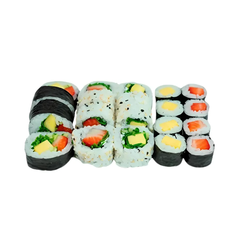 Veggie 20 Peças - 8- Hossomaki morango e manga, 8- Uramaki manga, morango e rúcula, 4- Futomaki Veggie