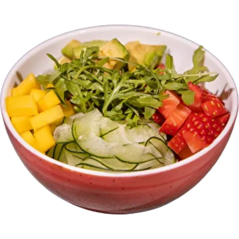 Poke Veggie - Arroz de sushi, maionese, morango, manga, pepino, rúcula e abacate