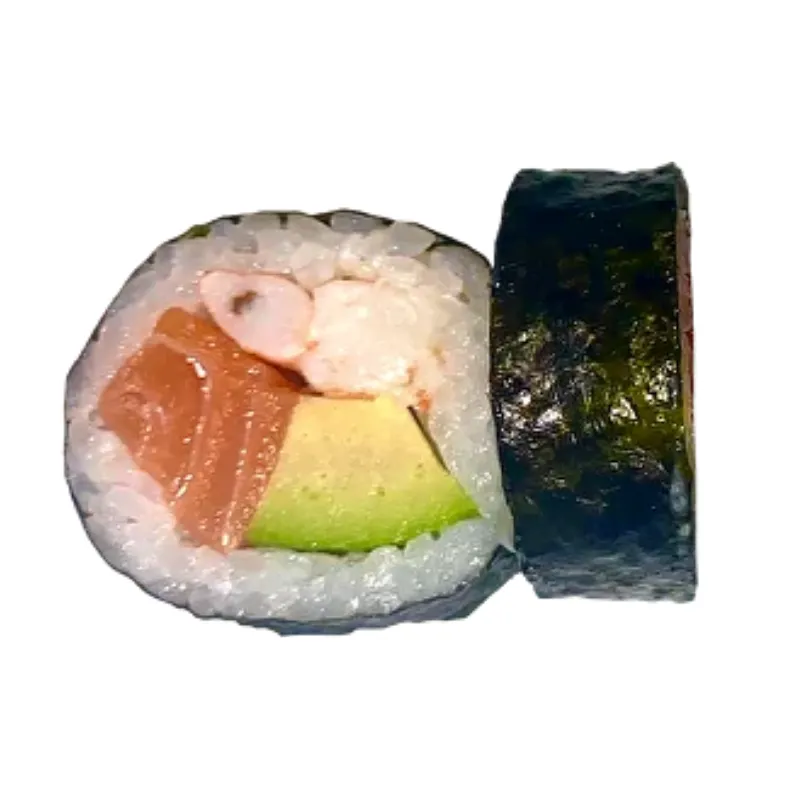 Futomaki Salmão, Abacate e Camarão 5 Peças - Arroz de sushi, salmão, camarão cozido e abacate
