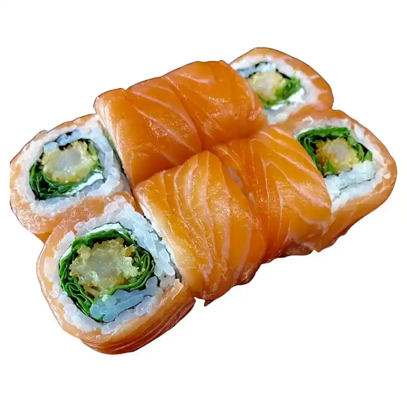 Uramaki Especial Ebi Salmão - Rolo com Arroz por Fora ( salmão queijo creme, pepino e camarão tempura) 8 peças