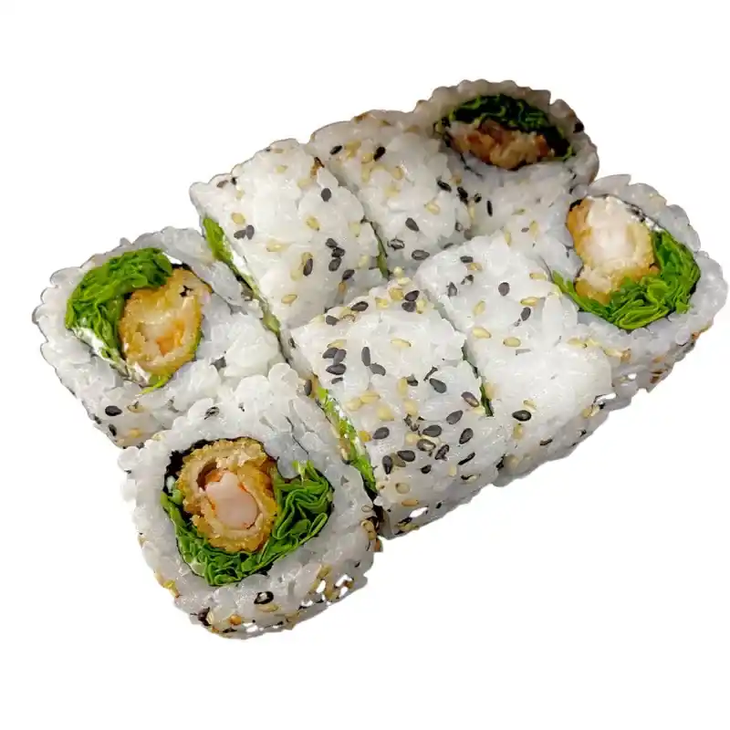 Uramaki Ebi Rúcula - Rolo com Arroz por Fora ( salmão, rúcula e camarão tempura) 8 peças