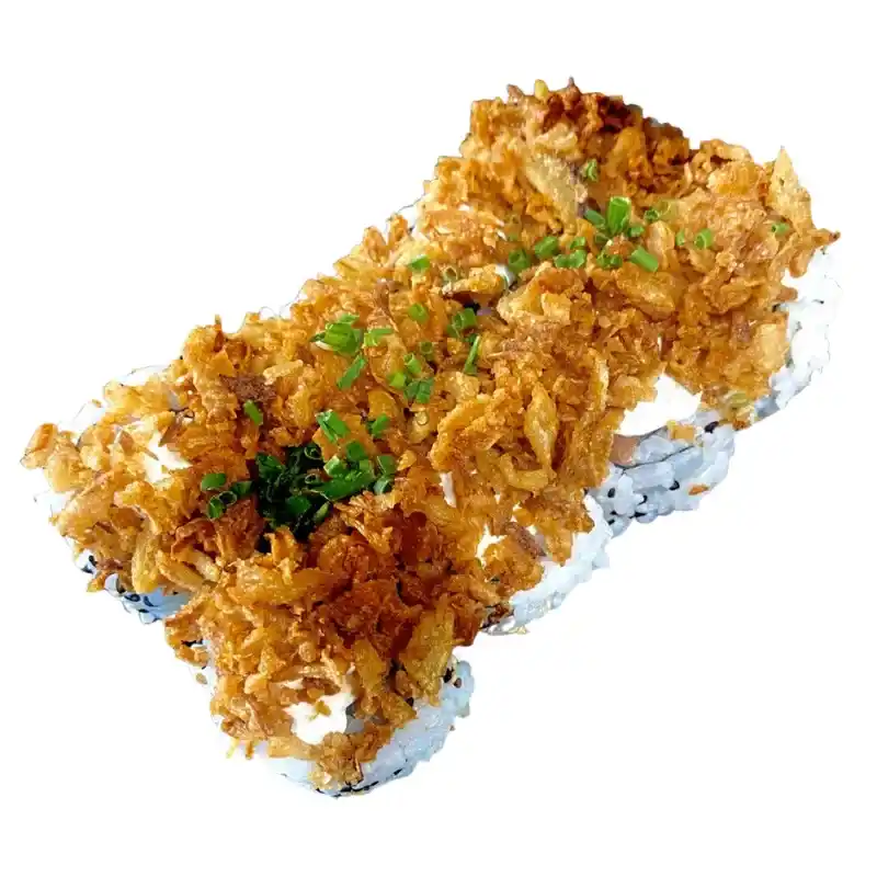 Uramaki Salmão Crispy - Rolo com Arroz por Fora ( salmão, queijo creme, pepino e cebola frita) 8 peças