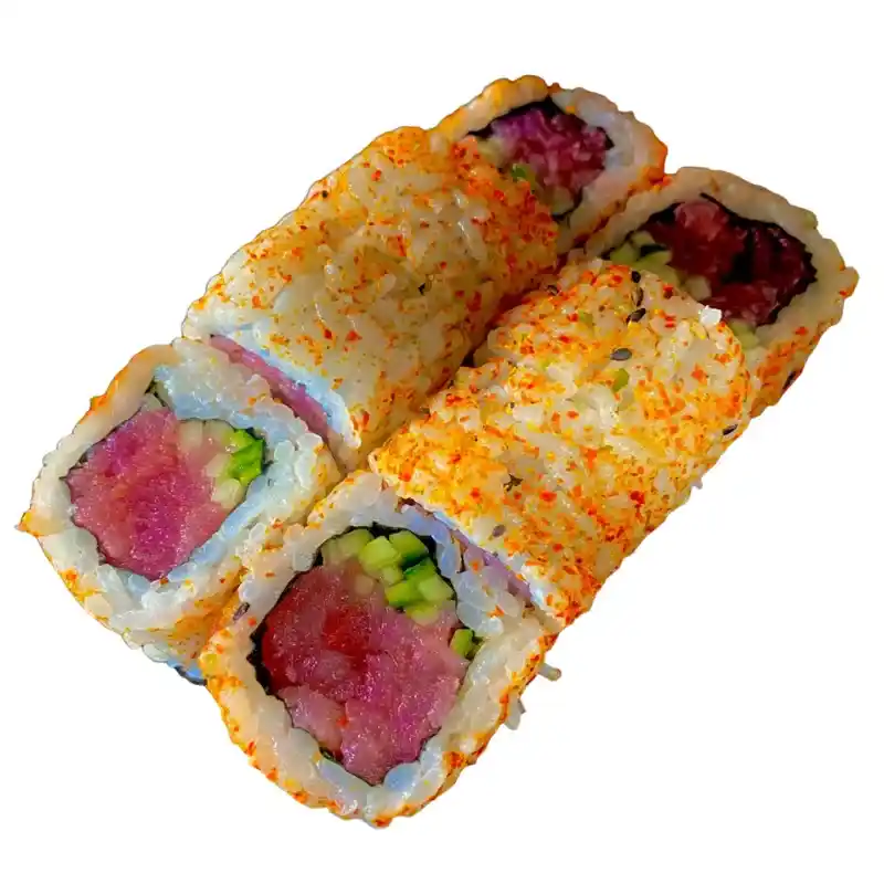 Uramaki Atum Picante - Rolo com Arroz por Fora ( atum, pepino e especiarias) 8 peças
