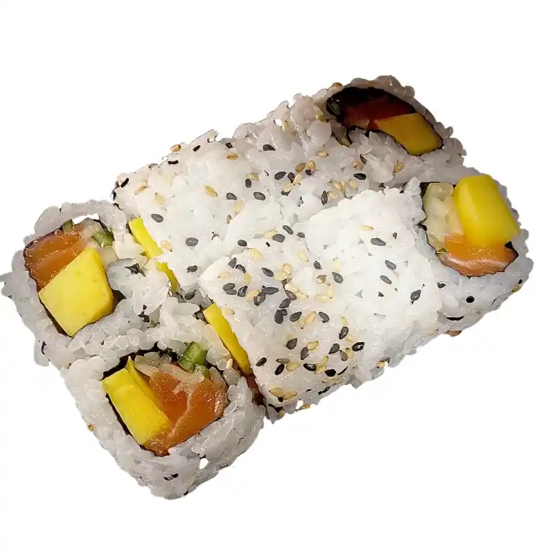 Uramaki Califórnia - Rolo com Arroz por Fora ( Salmão, manga e pepino) 8 peças