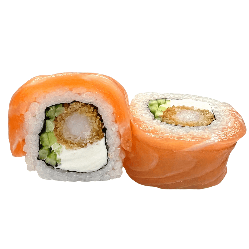 Uramaki Especial Ebi Salmão 8 Peças - Rolo com Arroz por Fora ( salmão queijo creme, pepino e camarão tempura) 8 peças