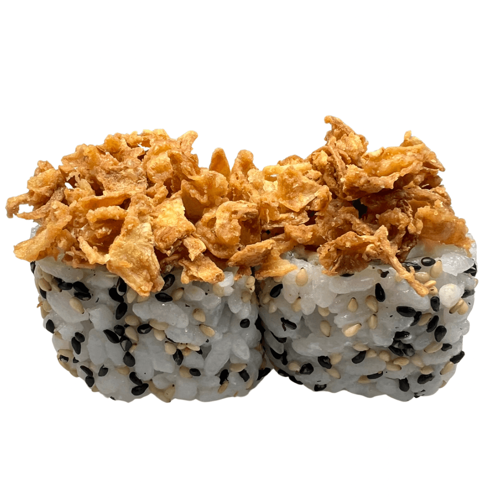 Uramaki Salmão Crispy 8 Peças - Rolo com Arroz por Fora ( salmão, queijo creme, pepino e cebola frita) 8 peças
